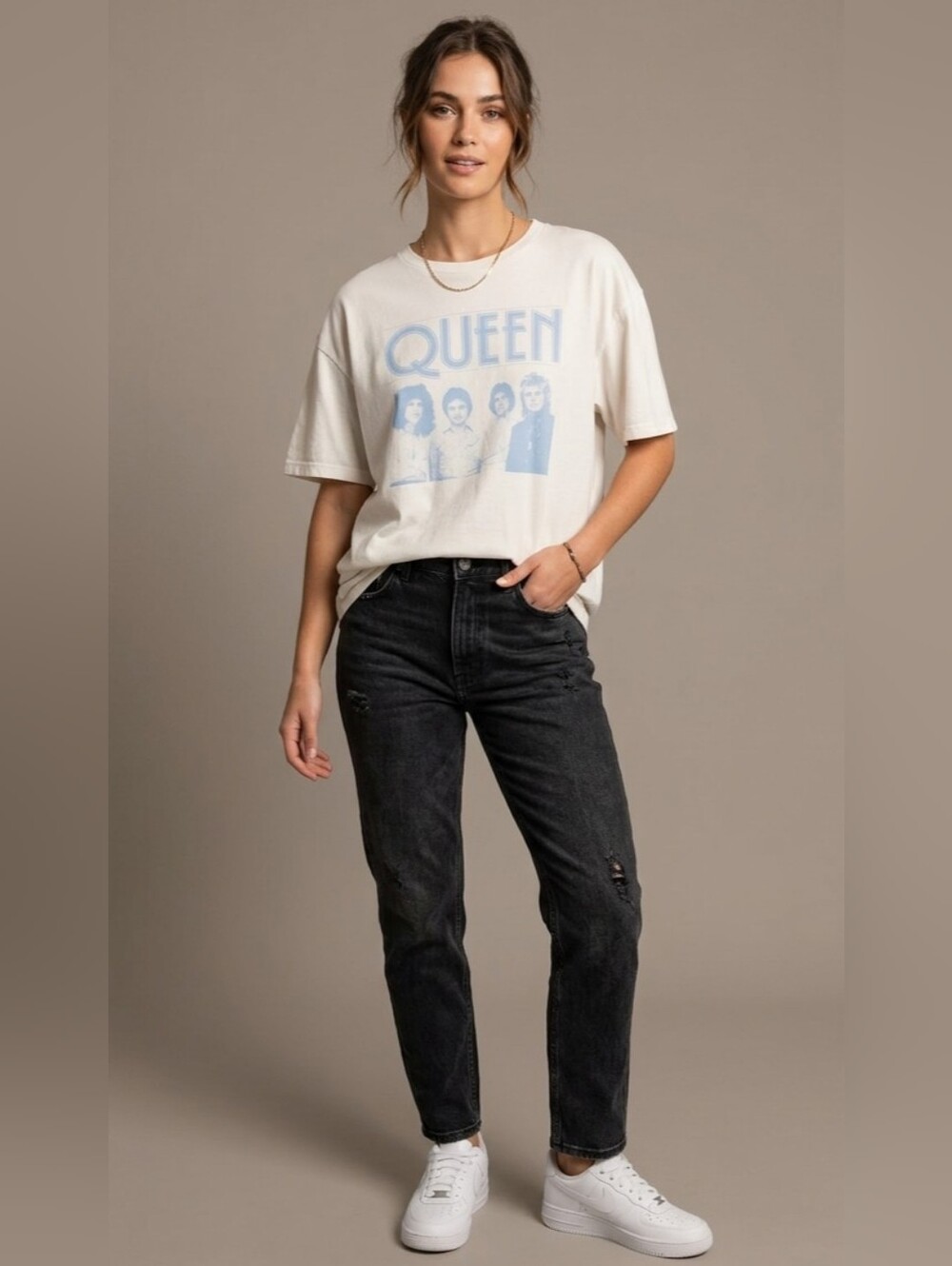 Queen Band T-Shirt White Blue Cotton Classic Rock Music Top Size Large